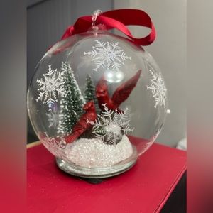 LED Cardinals Round Glass Ornament Evergreens Birds Snowflakes
